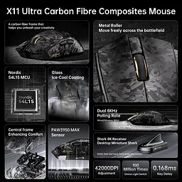 Ігрова бездротова мишка Attack Shark X11 ULTRA / Три режими підключення / Carbon Fiber / Сенсор PAW3950MAX / 42000 DPI / Black - мініатюра 6