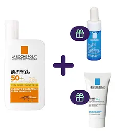 Набір La Roche-Posay: сонцезахисний флюїд Anthelios UVA 400 для чутливої шкіри обличчя SPF 50+ 50 мл + крем-гель Lipikar Syndet АР+ для сухої шкіри 15 мл + сироватка-концентрат для корекції зморшок та відновлення пружності чутливої шкіри 10 мл