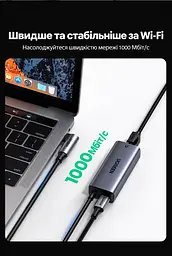 Мережевий адаптер із наскрізним заряджанням UGREEN CM255 з кабелем 1 м мережева карта Ethernet USB-C на RJ45 до 1000 Мбіт/с вхід живлення USB-C PD 3.0 до 100 Вт для заряджання пристроїв із підтримкою PD для 100 Вт потрібен зарядний пристрій 20 В 5 А з підключенням до входу USB-C кутовий штекер USB-C без встановлення драйверів сірий (65729) - мініатюра 10