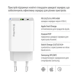 Зарядний пристрій ColorWay C101E GaN Mini 45W PD PPS USB-C + USB-A QC4.0 white (CW-CHS060PD-WT) - мініатюра 8