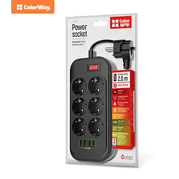 Фільтр мережевий 2 м ColorWay, Black, 6 x євророзетки, 4 x USB до 3.4 A (Super Charge), дріт з міді (до 2500 Вт), 10A, захисні шторки, 312 x 190 x 50 мм (CW-CHE64B)