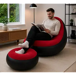 Надувне крісло диван 2в1 з пуфиком для ніг A-Sofa із вінілу з флокованим покриттям Крісло вінілове для відпочинку вдома саду максимальне навантаження до 150 кг Чорний з червоним - мініатюра 5