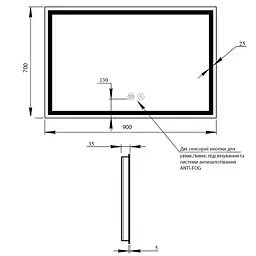 Дзеркало Qtap Mideya 900x700 з LED-підсвічуванням Touch, з антизапотіванням, з диммером яскравості Reverse QT2078NCF9070W - мініатюра 2