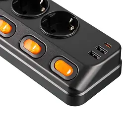 Мережевий фільтр-подовжувач 2E SP-6M-3SW-BK 3 м, 6xТип F, 16 А, 2xUSB-A, 1x USB-C - мініатюра 4