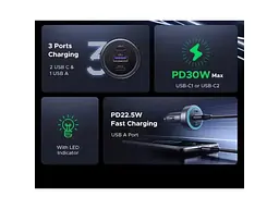 Автомобільний зарядний пристрій UGREEN EC307 30 W 1xUSB-A, 2xUSB-C Car Charger Gray (45843) - мініатюра 3