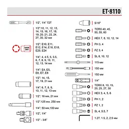Набір інструментів 1/2" + 1/4", Cr-V, 110 од., головки: 4-32 мм, біти 35 од, Storm Intertool ET-8110 - мініатюра 9