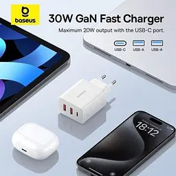 Зарядний пристрій адаптер живлення на 3 порти Baseus Cube GaN5 2U+C 30 W білий - мініатюра 7