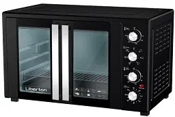 Електродуховка Liberton LEO-600 Black, 1900W, 60л, подвійні розпашні дверцята, 6 режімів нагріву, конвекція, підсвітка, 70-250 °C, механічне керування, таймер, рожен, решітка, деко, лоток для крихт та жиру, тримач для дека, терморукавиця