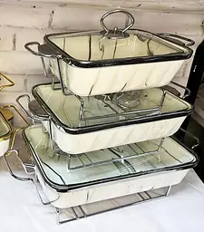 Набір з 3-х мармітів керамічних прямокутних Kitchen з кришками із скла Біло Сріблястий