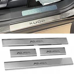 Накладки на пороги для Ford Kuga / Escape 2013-2019 Нержавіюча сталь із загином та Логотипом 4 шт (Premium P-FO41)