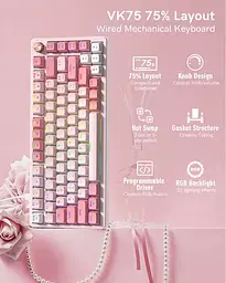 Ігрова дротова механічна клавіатура Womier VK75 / Cream Switch / Pink - мініатюра 2