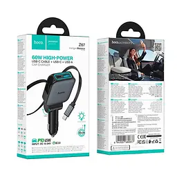 Адаптер автомобильный HOCO Triunfar car charger with telescopic Type-C cable Z67 1C/1A, 60W/3A, PD/QC - миниатюра 2