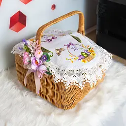 Вишита серветка на пасхальний кошик з ажурним мереживом 40х60 см №35, Kitchen Master Білий 86056 - мініатюра 4
