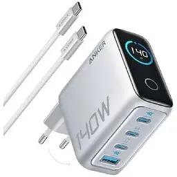 Мережевий зарядний пристрій Anker Laptop GaN Charger Silver, 140W 3xUSB-C 1xUSB-A Display (B2697G41) + кабель USB Type-C