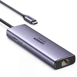 USB-C хаб UGREEN CM512 док-станция 6 в 1 1 выход DisplayPort 1.4 до 4K 60 Гц / 2K 144 Гц / 1080p 240 Гц 1 USB-C и 2 USB-A для данных до 5 Гбит/с 1 RJ45 Ethernet до 1000 Мбит/с 1 вход питания USB-C PD 3.0 до 100 Вт для видео нужен USB-C с DisplayPort Alt Mode для Windows/macOS/Linux встроенный кабель 0,3 м космический серый (75643)