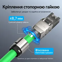 Екранований мережевий штекер Vention 10 шт. конектор RJ45 8P8C Cat6A FTP для мереж 10 Гбіт/с монтаж без обтискних кліщів для жил 23–26 AWG для кабелю діаметром до 8,7 мм організатор для проводів діаметром до 1,6 мм багаторазове використання схеми T568A і T568B фіксація кабелю стопорною гайкою позолочені контакти сірий (IDPH0-10) - мініатюра 4