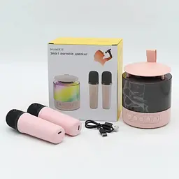 Портативна блютуз-колонка караоке Smart portable speaker K-19 5W, Рожевий, музична колонка з мікрофонами - мініатюра 9