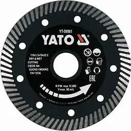 Диск відрізний алмазний по гресу кераміці TURBO YATO Ø=115x1.3x10x22.2 мм (YT-59981)