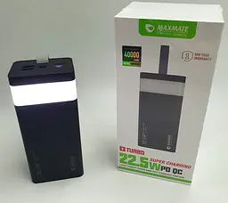 Потужний Повербанк із LED ліхтариком Power Bank із швидкою зарядкою 40000mAh 2USB /Type-C PD/QC 5A/22.5W Maxmate MMP40KP чорний