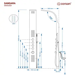 Душова панель Corsan Samsara black LED S003MBLLED, Нержавіюча сталь - мініатюра 4