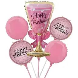 Набір фольгованих кульок "Бокал Happy Birthday" рожевий 5 шт декоративні для свят