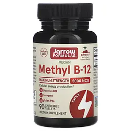 Вітамін B-12 метилкобаламін, Methyl B-12, смак вишні, 5000 мкг, 90 жувальних табл. Jarrow Formulas vit0001641