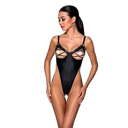 Боді з екошкіри Passion Celin Body, чорне, відкрите, з доступом, L/XL