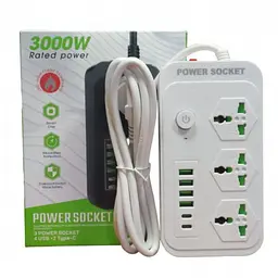 Мережевий фільтр подовжувач 2 метри на 3 розетки, 4 USB 3.4A, 2 Type-C з вимикачем та заземленням 3000Вт 16А Power Socket J07 білий - мініатюра 1