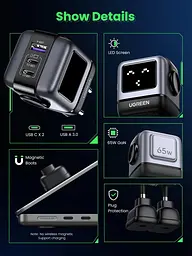 Зарядний пристрій Ugreen CD361 Nexode Robot GaN Tech USB-A + 2*USB-C 65 W (UGR-25685B) - мініатюра 5