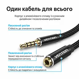 Аудіокабель-подовжувач Vention 5 м від штекера TRRS 3,5 мм до гнізда TRRS 3,5 мм з бавовняним обплетенням підходить для використання з телефоном у чохлі та підтримує мікрофон і керування на дроті за умови сумісності TRRS-роз’ємів на пристрої та гарнітурі чорний із золотистими контактами (BHCBJ) - мініатюра 3