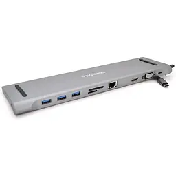 Хаб-конвертор Veggieg TC10 Type-C (тато) на Type-C (мама) + USB3.0 * 3 (мама) + HDMI (мама) + VGA (мама) + jack3.5 (мама) + SD / TF + RJ45, 10 см, Silver, Box