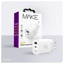 Зарядний пристрій мережевий MAKE 45W GaN3 Mini Type-C PD + USB QC4.0 White - мініатюра 6
