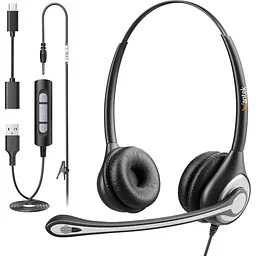 USB-гарнітура Wantek з мікрофоном для ноутбука, 3,5 мм/USB/Type-C Jack 3-в-1 навушники з шумозаглушенням і аудіосистемою
