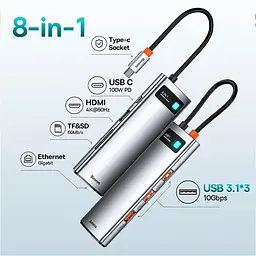 USB type C HUB Baseus 8 in 1 PD100W 4K 60 Гц USB 3.0 10 Гб/с - мініатюра 3
