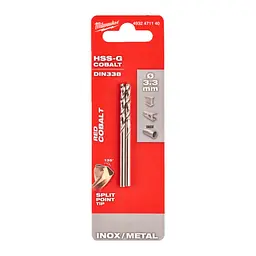 Свердло по металу HSS-Co MILWAUKEE DIN338, діаметр 3,3х67х37мм, (2шт)