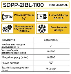 Гайковерт ударний акумуляторний Zegor SDPP-21BL-1100 21V Profesional/безщітковий двигун/реверс/з підсвічуванням - мініатюра 11