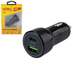Автомобільний зарядний пристрій VOIN 51W, 1USB QC3.0 18W + 1PD 33W, 12/24V