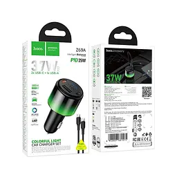 Адаптер автомобільний HOCO C to C cable Vivido PD37W car charger with digital display set Z69A 2C/1A, PD25W/3A - мініатюра 2
