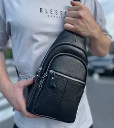 Чоловічий нагрудний шкіряний слінг 18х32х7 через плече TIDING BAG-MK 83423 чорний 18 см - мініатюра 8