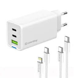 Зарядний пристрій ColorWay CHS058P-DCL GaN Mini 65W PD Port PPS USB, 2xUSB Type-C + кабель Type-C, Lightning