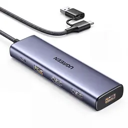 Док-станція UGREEN CM511 USB-хаб 5 в 1 підключення до комп’ютера через USB-C або USB-A 2 виходи HDMI до 1080p 60 Гц на кожному USB-A 3.0 до 5 Гбіт/с та USB-A 2.0 до 480 Мбіт/с зарядний вхід USB-C PD 3.0 до 100 Вт лише при підключенні комп’ютера через USB-C для Windows 10 або новішої та macOS Catalina 10.15 або новішої потрібне встановлення драйвера UDisplay розширення робочого столу на два монітори та дзеркальне відображення вбудований кабель 20 см космічний сірий (95945)