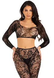 Комплект Leg Avenue Crop top & footless tights, One Size, чорний, кроп-топ та колготки без стопи - мініатюра 3