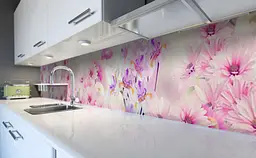 Вініловий кухонний фартух Іриси та Хризантеми наклейка для кухні Квіти Рожевий 60х300 см Happy Pocket Z181623