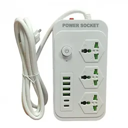 Мережевий фільтр подовжувач 2 метри на 3 розетки, 4 USB 3.4A, 2 Type-C з вимикачем та заземленням 3000 Вт 16А Power Socket J07 білий - мініатюра 3