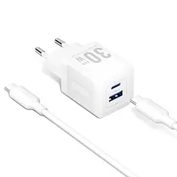 Зарядний пристрій Vention 1xUSB-C PD30W + 1xUSB QC3.0 30W GaN + cable USB-C to USB-C 1.0m white (TZ-FEQW0-EU-01)