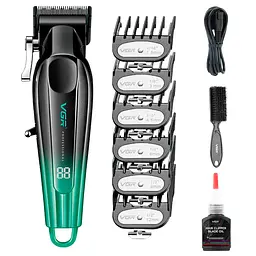 Акумуляторна машинка для стрижки VGR V-662 GREEN, 7000 RPM, 6 насадок, LED-дисплей