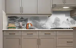 Вініловий кухонний фартух Східний храм в горах наклейка для кухні ПВХ Архітектура Сірий Happy Pocket Z181422