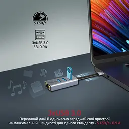 Концентратор Promate USB Hub 4 ports gigahub-c.grey (gigahub-c.grey) - мініатюра 2