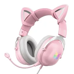 Ігрові дротові навушники Onikuma X11 з котячими вушками з мікрофоном і LED RGB підсвічуванням Рожевий
