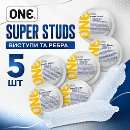 Презервативи ONE Super Studs 5 ШТ, текстуровані латексні з крапками та ребрами, гладкі додатково змащені